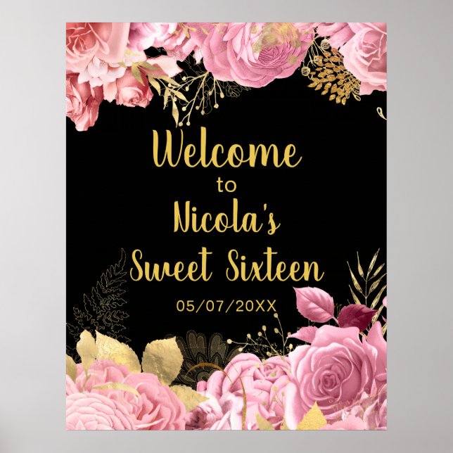Póster Elegant Pink and Gold Flowers Sweet Sixteen  (Frente)