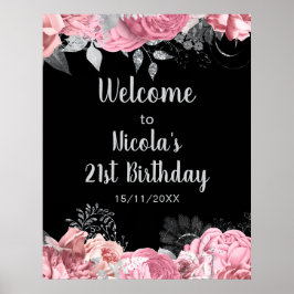 Póster Elegant Pink and Silver Flowers Birthday Part 