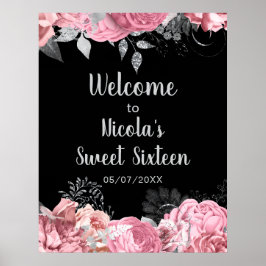 Póster Elegant Pink and Silver Flowers Sweet Sixteen 