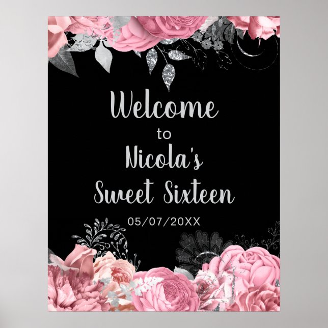 Póster Elegant Pink and Silver Flowers Sweet Sixteen  (Frente)