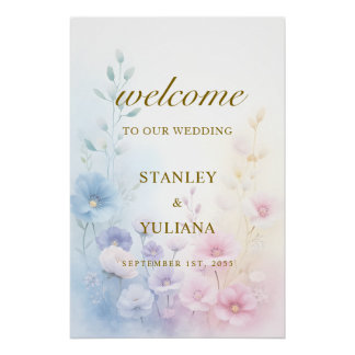 Póster Elegant Pink Blue Watercolor Soft Floral Fine Art