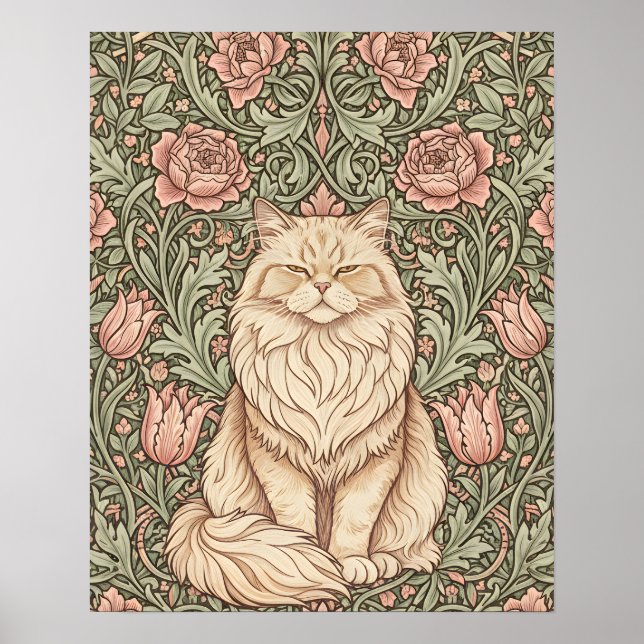 Póster Elegant Pink Floral Cat Poster William Morris Art  (Frente)