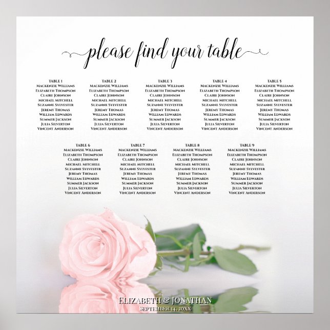 Póster Elegant Pink Rose 9 Table Wedding Seating Chart (Frente)
