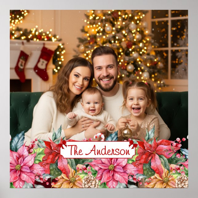 Póster Elegant Poinsettia Floral Border Custom Photos (Frente)