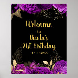 Póster Elegant Purple and Gold Flowers Birthday Party 