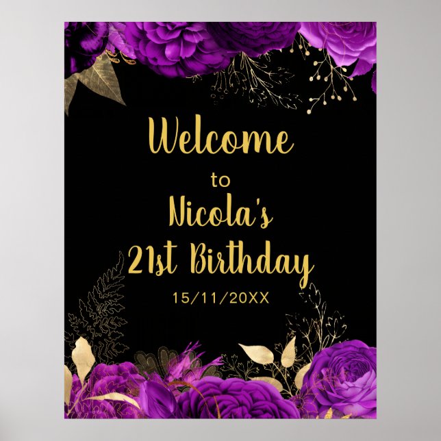 Póster Elegant Purple and Gold Flowers Birthday Party  (Frente)