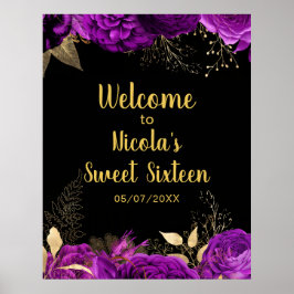 Póster Elegant Purple and Gold Flowers Sweet Sixteen 