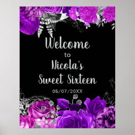 Póster Elegant Purple and Silver Flowers Sweet Sixteen 