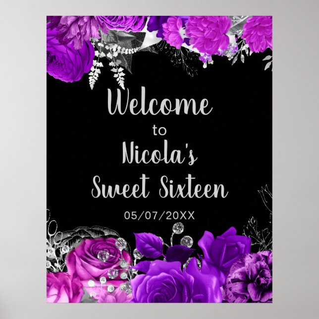 Póster Elegant Purple and Silver Flowers Sweet Sixteen  (Frente)