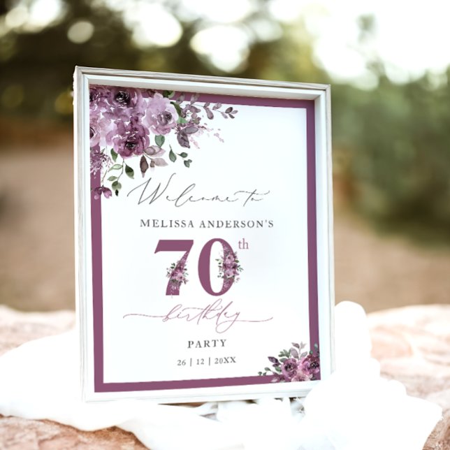 Póster Elegant Purple Floral 70th Birthday Welcome (Subido por el creador)