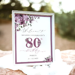 Póster Elegant Purple Floral 80th Birthday Welcome