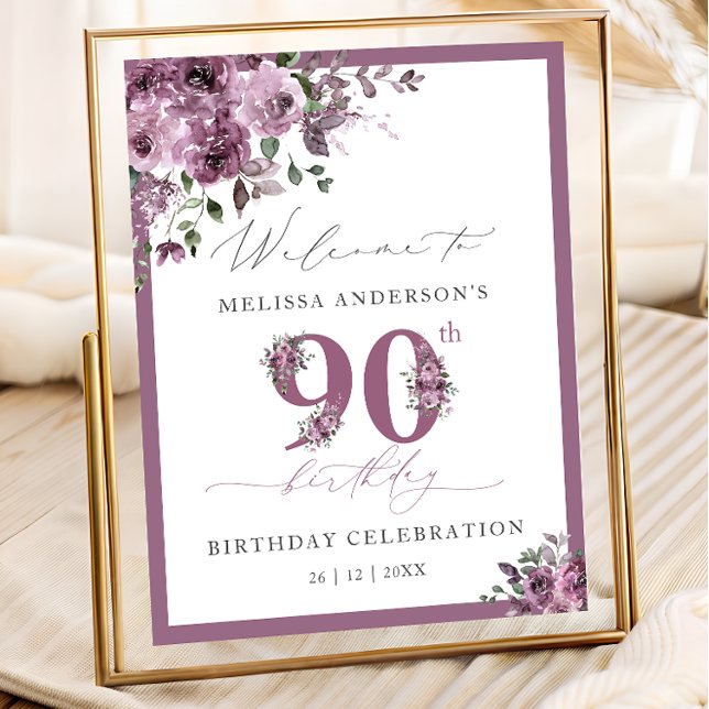 Póster Elegant Purple Floral 90th Birthday Welcome (Subido por el creador)