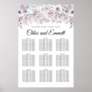 Póster Elegant Purple White Floral 9-Table Seating Chart