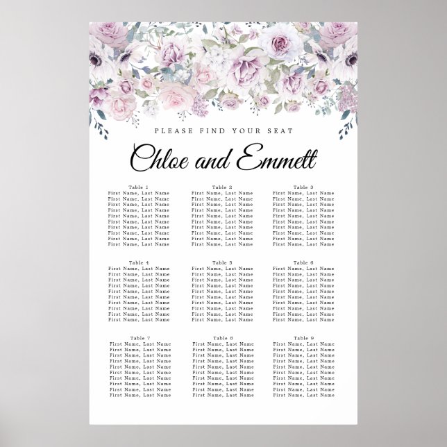 Póster Elegant Purple White Floral 9-Table Seating Chart (Frente)