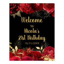 Elegant Red and Gold Flowers Birthday Part Welcome