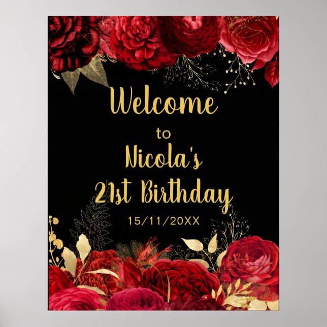 Póster Elegant Red and Gold Flowers Birthday Part Welcome (Frente)