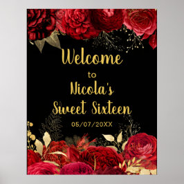 Póster Elegant Red and Gold Flowers Sweet Sixteen Welcome