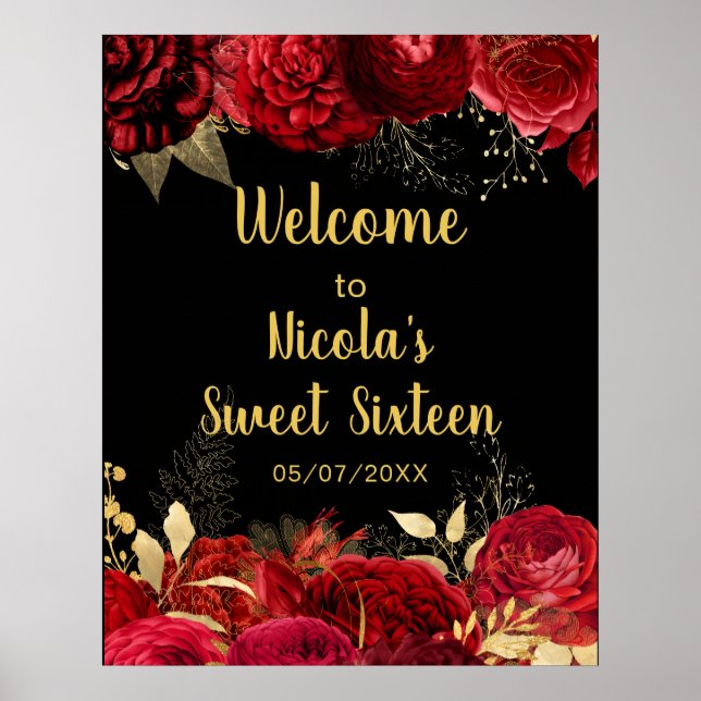 Póster Elegant Red and Gold Flowers Sweet Sixteen Welcome (Frente)