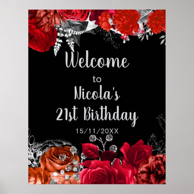 Póster Elegant Red and Silver Flowers Birthday Part  (Frente)