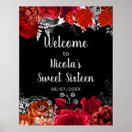 Póster Elegant Red and Silver Flowers Sweet Sixteen 