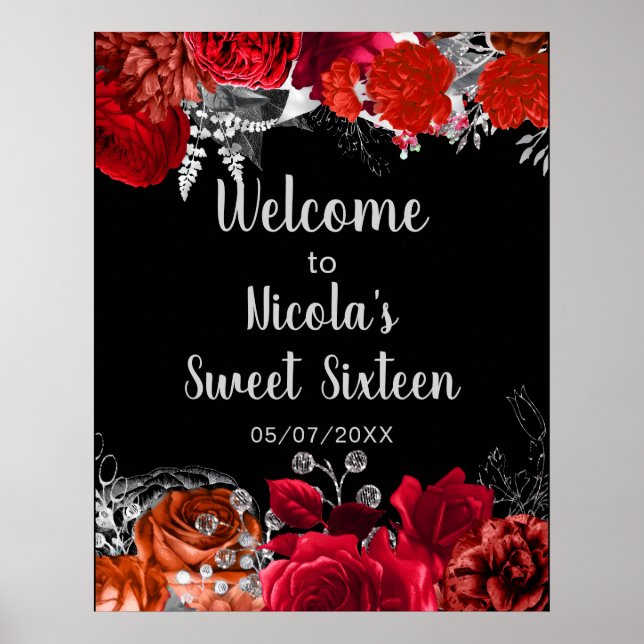 Póster Elegant Red and Silver Flowers Sweet Sixteen  (Frente)