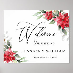 Póster Elegant Red Poinsettia Eucalyptus Wedding Welcome