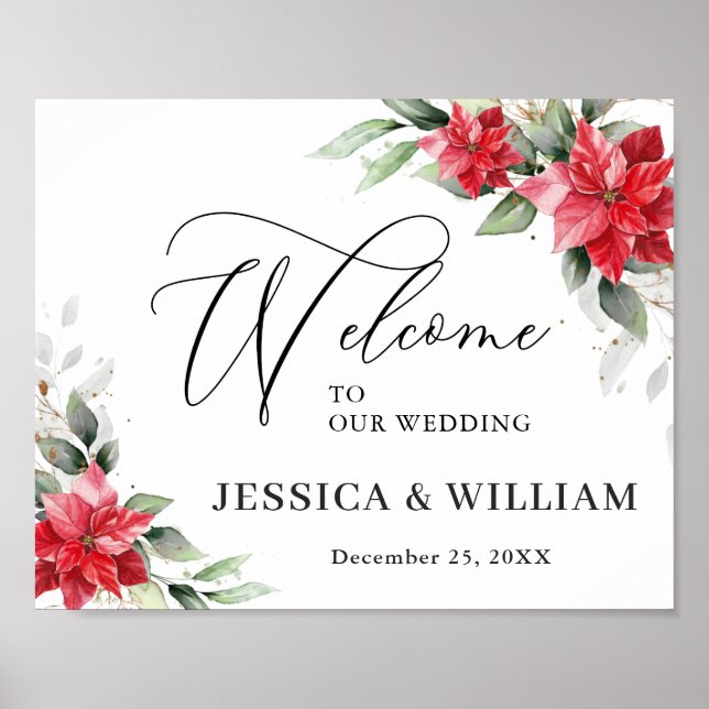 Póster Elegant Red Poinsettia Eucalyptus Wedding Welcome (Frente)