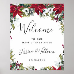 Póster Elegant Red Poinsettia Pine Fur Wedding Welcome