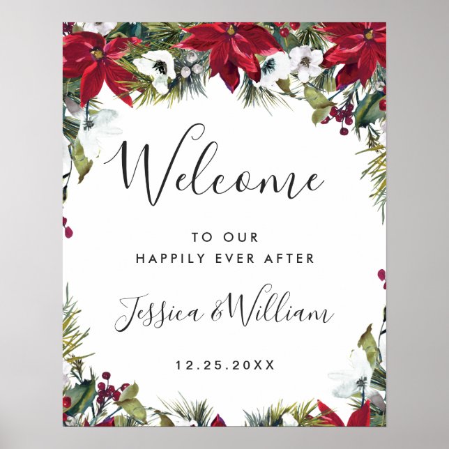 Póster Elegant Red Poinsettia Pine Fur Wedding Welcome (Frente)