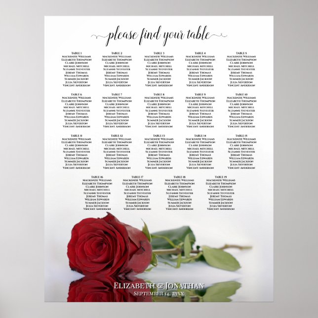 Póster Elegant Red Rose 19 Table Wedding Seating Chart (Frente)