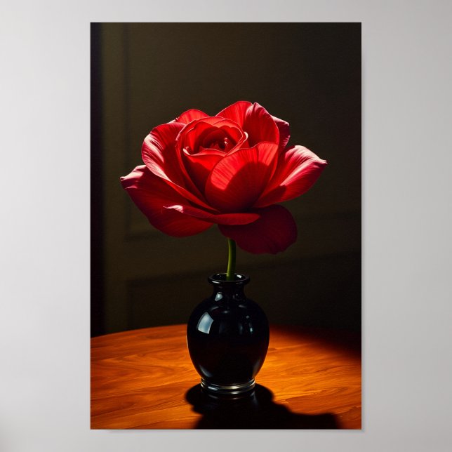 Póster Elegant Red Rose in Black Vase Art (Frente)
