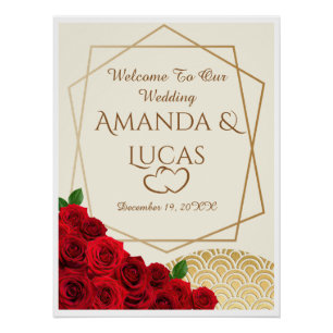 Póster Elegant Red Roses and Gold Frame Cream Wedding