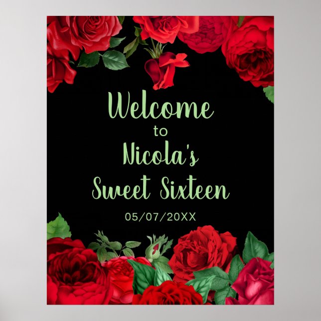 Póster Elegant Red Roses Flowers Sweet Sixteen (Frente)