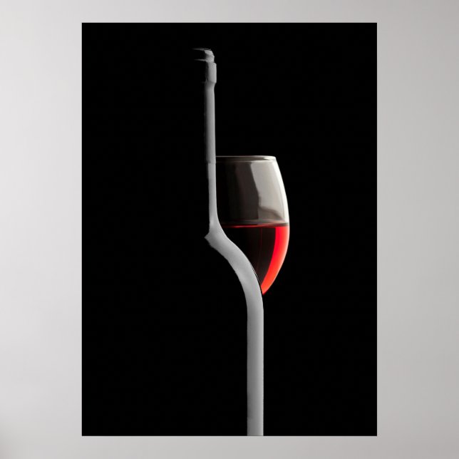 Póster Elegant Red Wine Glass & Bottle. Black Background (Frente)