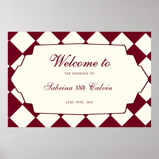 Póster Elegant Retro Checkered Burgundy Wedding Welcome (Frente)
