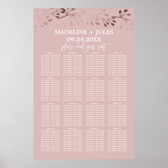 Póster Elegant Rose Gold and Pink Wedding Seating Chart (Frente)