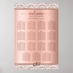 Póster Elegant Rose Gold Damask Wedding 15 Seating Chart