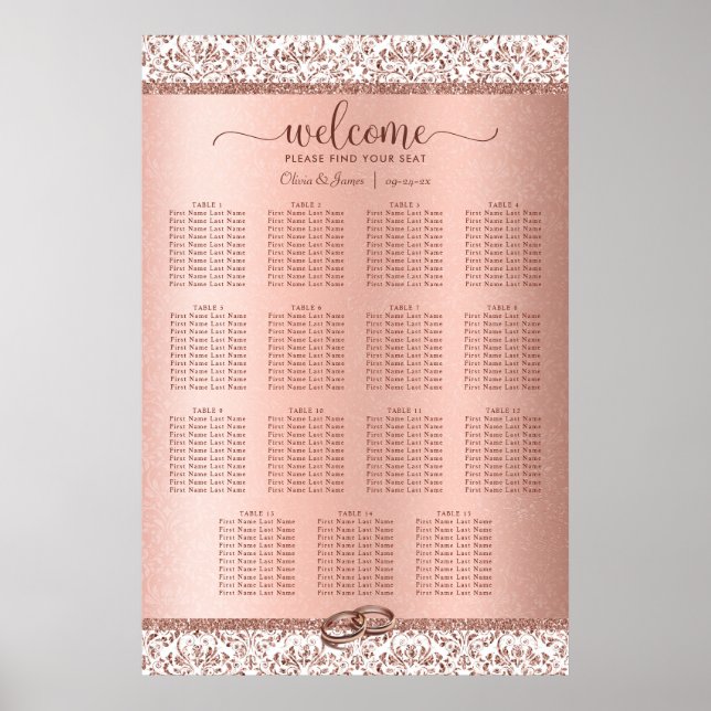 Póster Elegant Rose Gold Damask Wedding 15 Seating Chart (Frente)