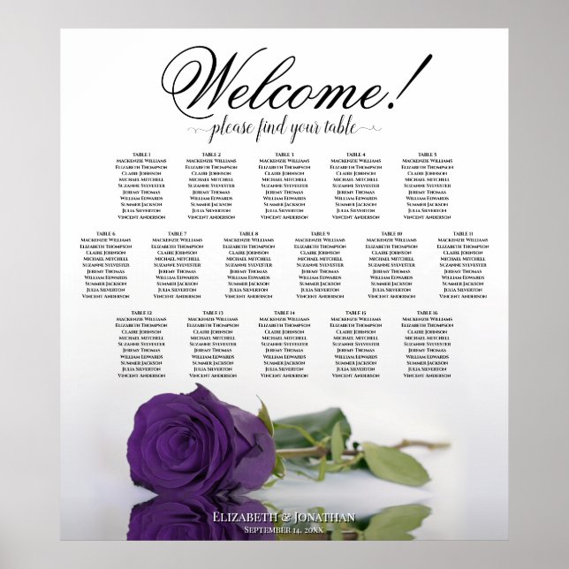 Póster Elegant Royal Purple Rose 16 Table Seating Chart (Frente)
