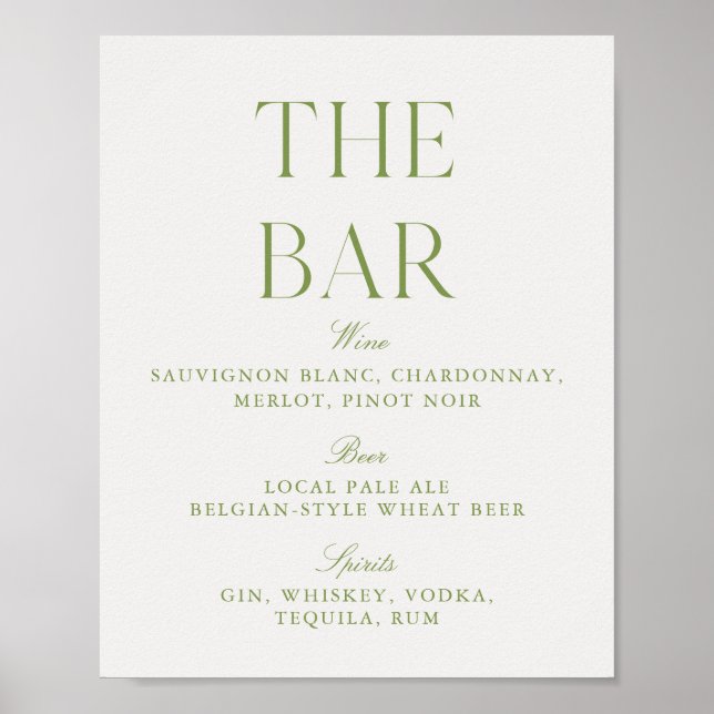 Póster Elegant Sage Green & Beige Wedding Bar Sign (Frente)