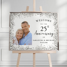 Póster Elegant Silver 25th Wedding Anniversary Welcome