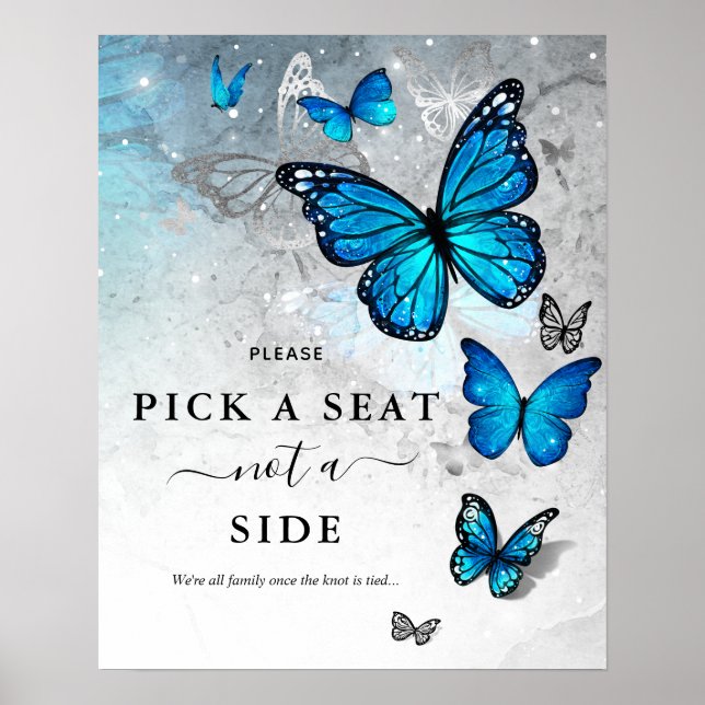 Póster Elegant Silver Blue Butterfly Pick a Seat Wedding  (Frente)
