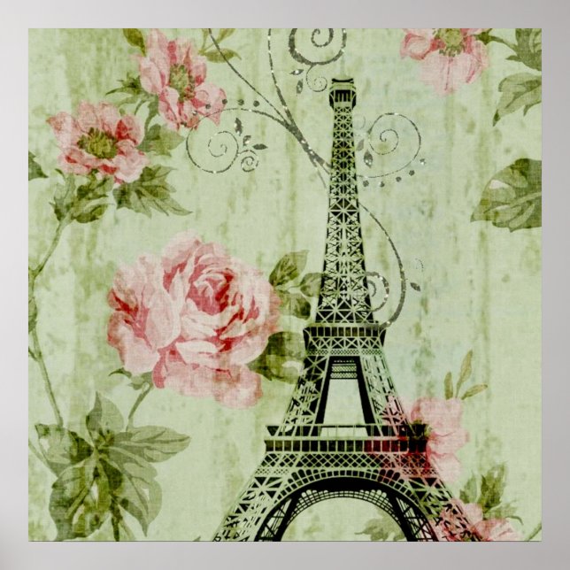 Póster elegant spring mint pink floral paris eiffel tower (Frente)