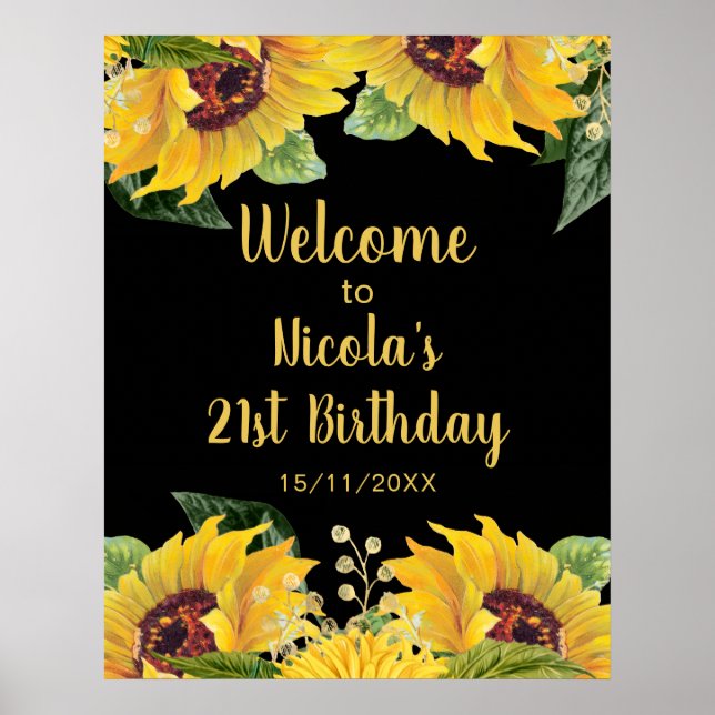 Póster Elegant Sunflowers and Foliage Birthday Party (Frente)