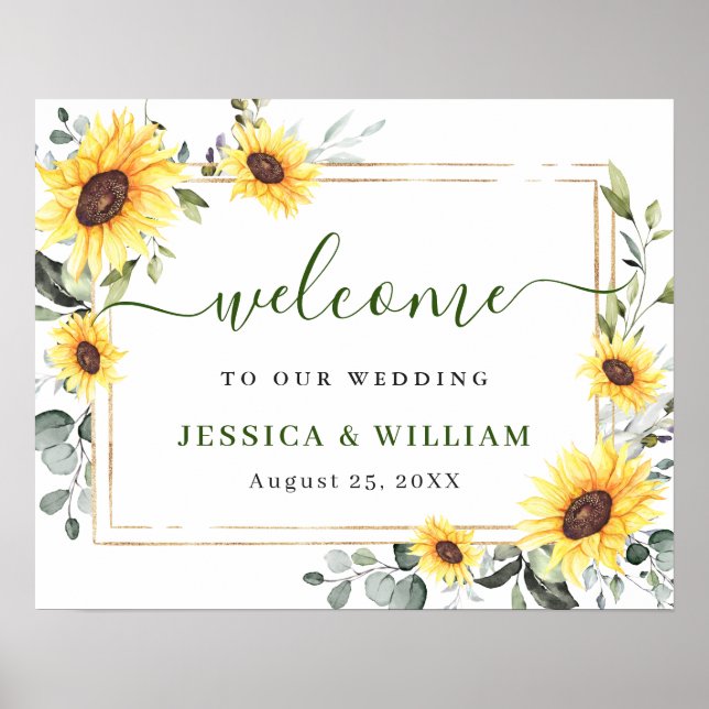 Póster Elegant Sunflowers Eucalyptus Wedding Welcome Sign (Frente)