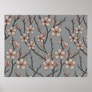 Póster Elegant Sweet Pink Flower Blossom Cherry Pattern