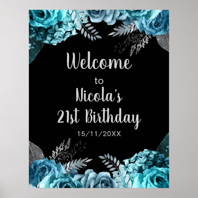 Póster Elegant Teal Blue and Silver Flower Birthday Party (Frente)