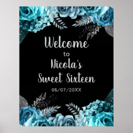 Póster Elegant Teal Blue and Silver Flowers Sweet Sixteen