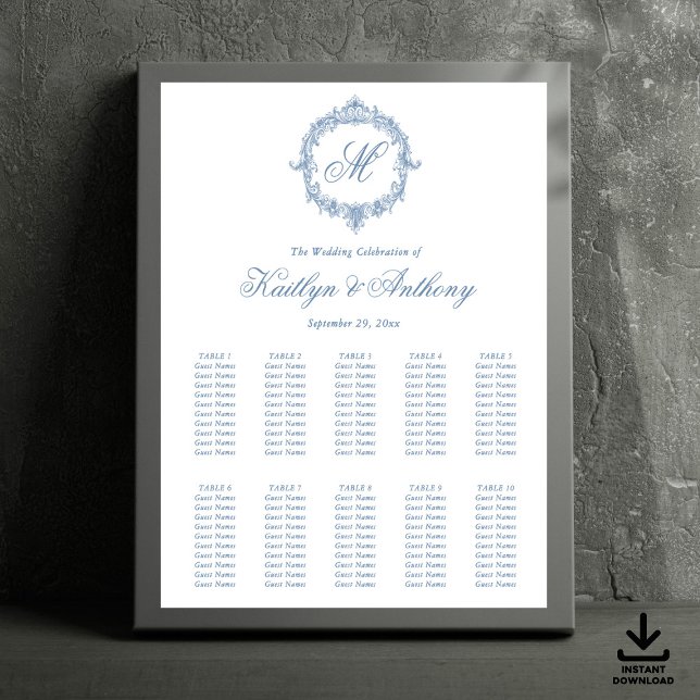 Póster Elegant Vintage Blue Toile Monogram Wedding (Subido por el creador)