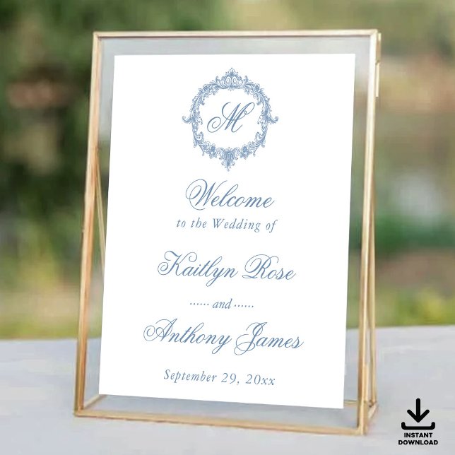 Póster Elegant Vintage Blue Toile Monogram Wedding (Subido por el creador)